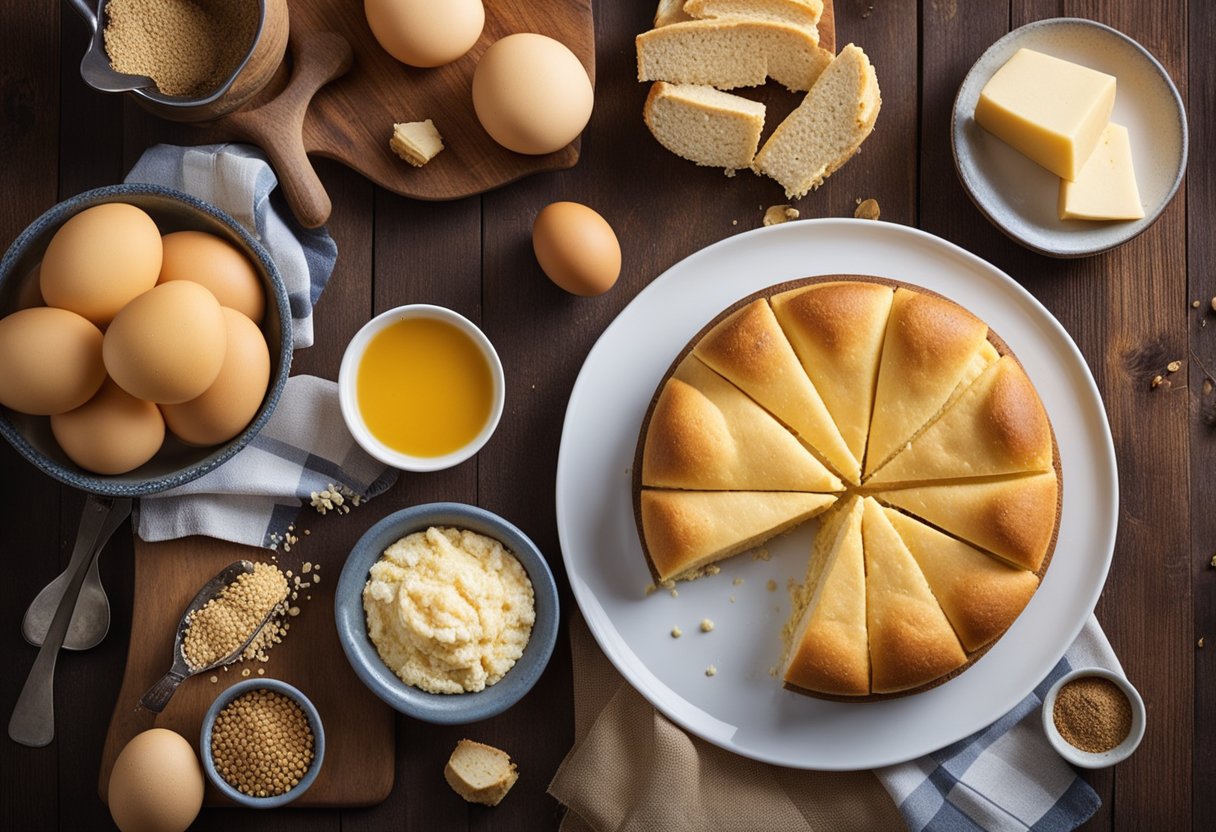 Uma mesa de cozinha rústica com um bolo de fubá com queijo Minas recém-assado, cercada por ingredientes como fubá, ovos e queijo.