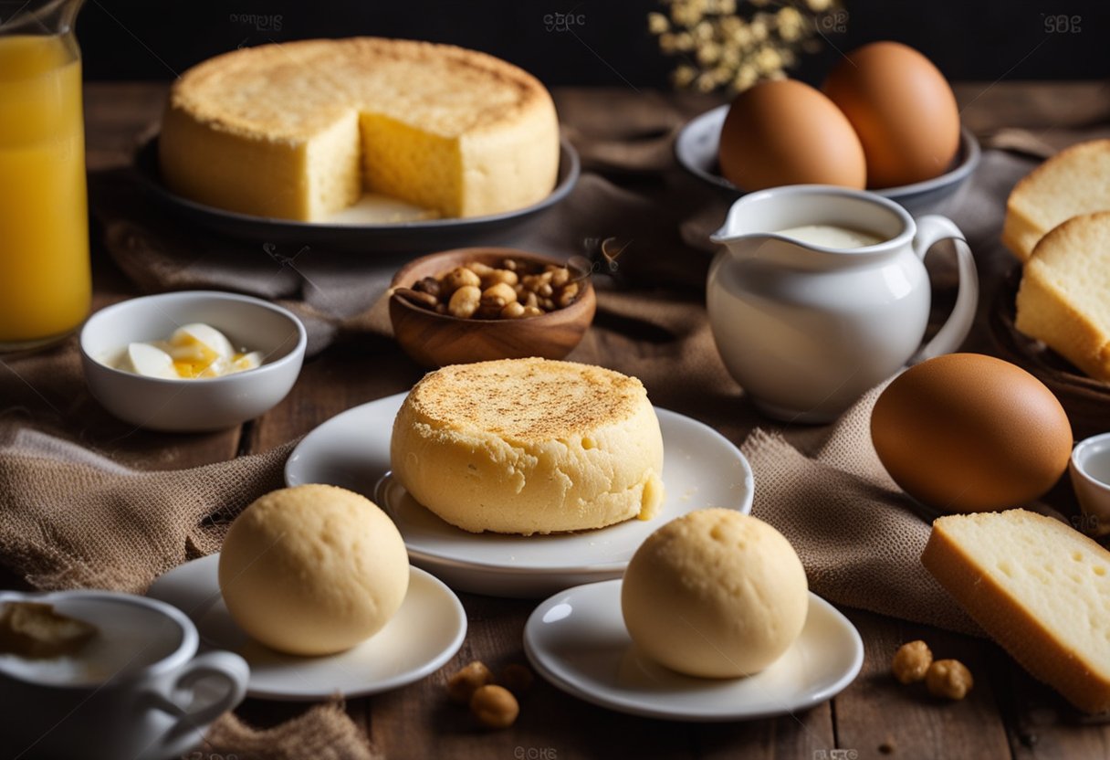 Uma mesa de cozinha rústica posta com um bolo de fubá com queijo Minas recém-assado, cercada pelos ingredientes principais: fubá, queijo e ovos.