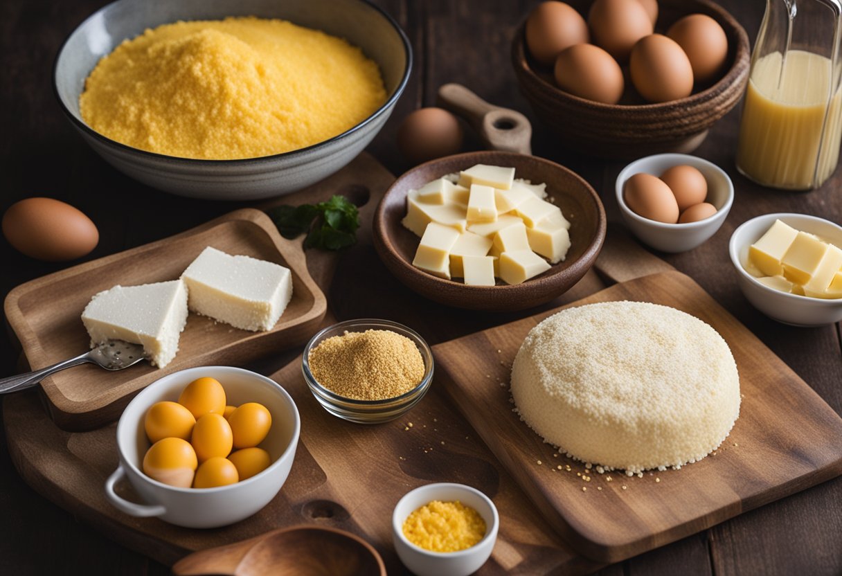 Uma bancada de cozinha rústica com ingredientes para o bolo de fubá tradicional brasileiro com queijo Minas, incluindo uma tigela de fubá, ovos, queijo e um livro de receitas.