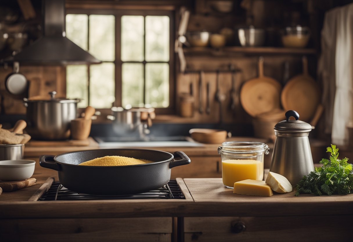 Uma cozinha rústica com um forno vintage, uma tigela de mistura e ingredientes para fazer bolo de fubá e queijo Minas tradicionais.