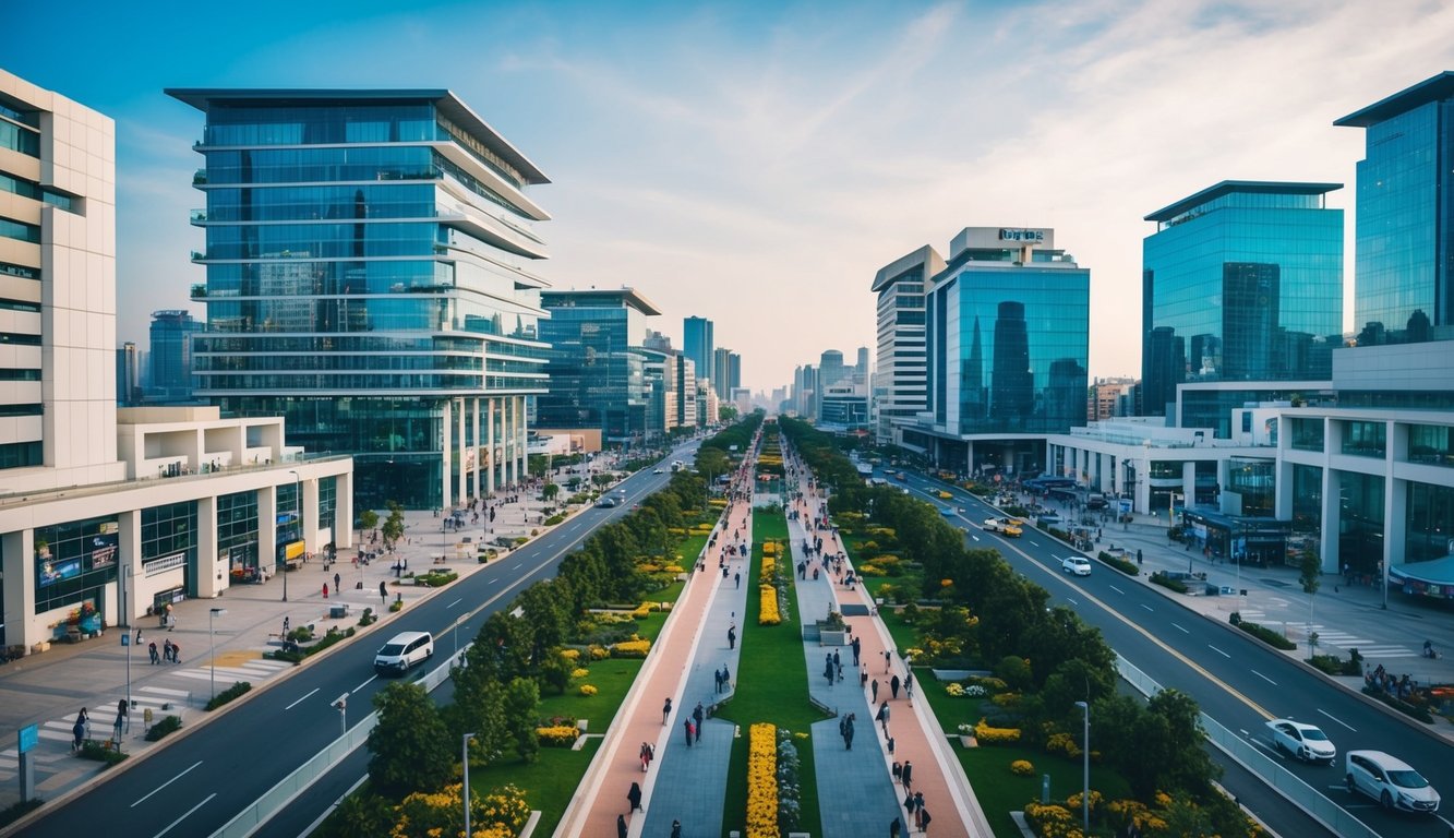 Sebuah kota yang ramai dengan infrastruktur modern, jalan-jalan yang bersih, dan orang-orang yang menikmati fasilitas publik dan layanan sosial