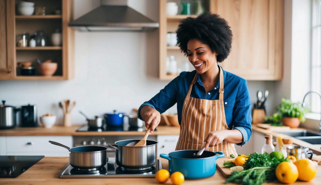 Seseorang yang tersenyum saat memasak di dapur yang nyaman, dikelilingi oleh panci, wajan, dan bahan-bahan segar