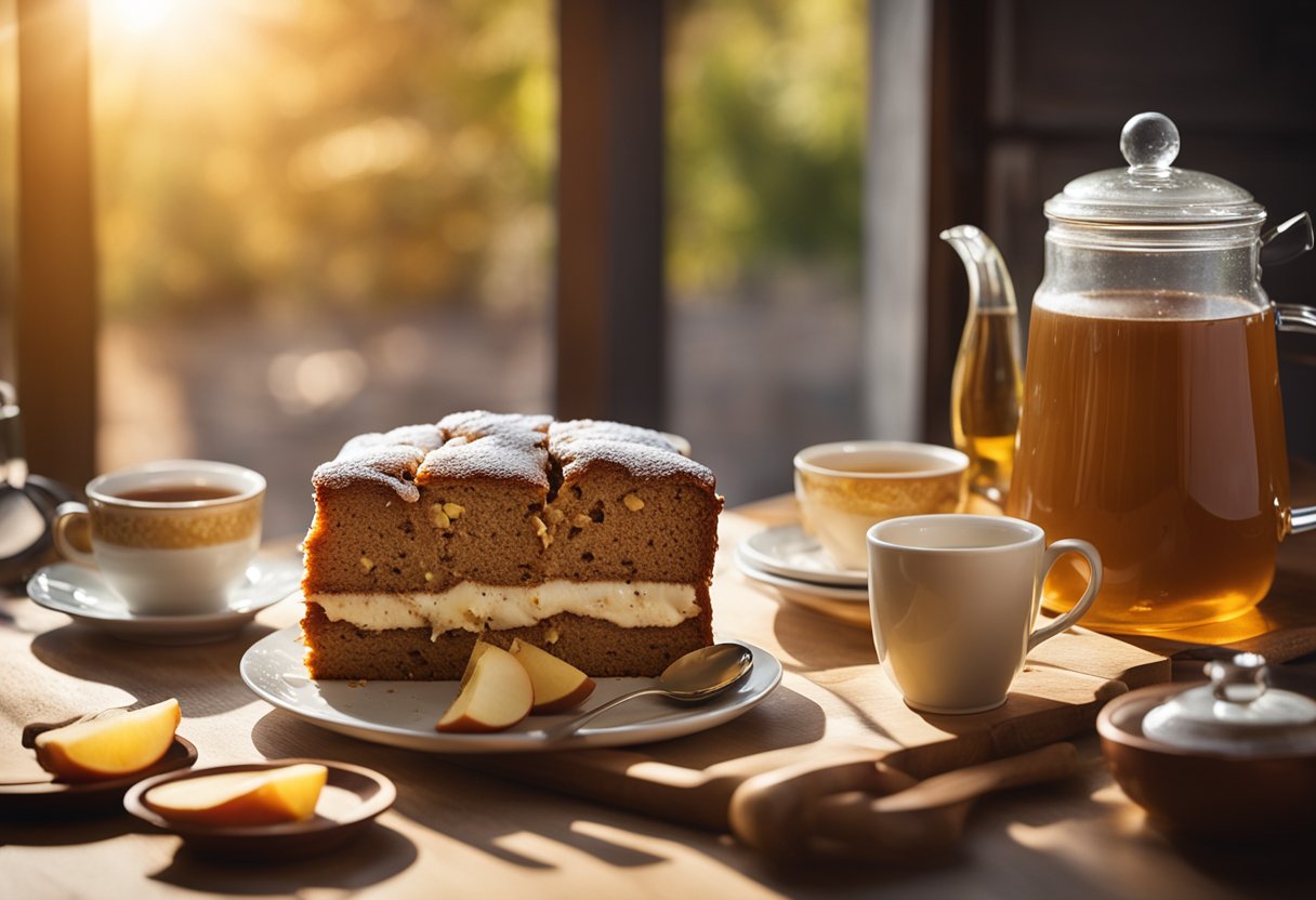 Uma mesa de cozinha aconchegante, posta com um bolo de maçã e canela recém-assado, uma panela de chá fumegante e um pote de mel dourado, tudo banhado pela luz quente da tarde.