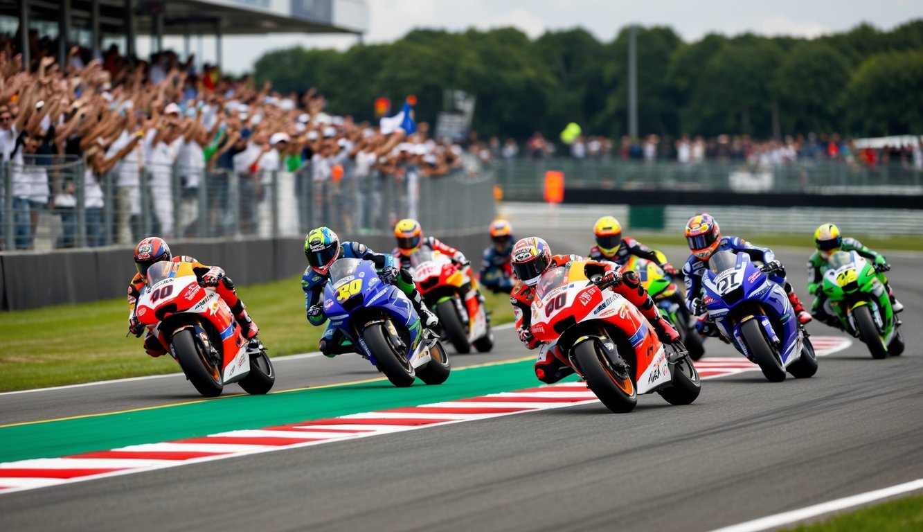 Sekelompok pembalap MotoGP di lintasan, berlomba dengan kecepatan tinggi menggunakan sepeda motor dan helm berwarna-warni, dikelilingi oleh penggemar yang bersorak di tribun.