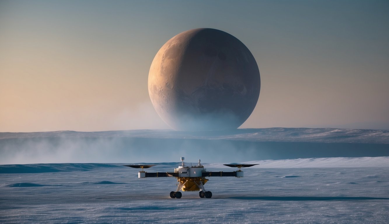 Kapal luar angkasa New Horizons mendekati Pluto, dengan permukaan esnya dan atmosfer kabut di latar belakang yang jauh.