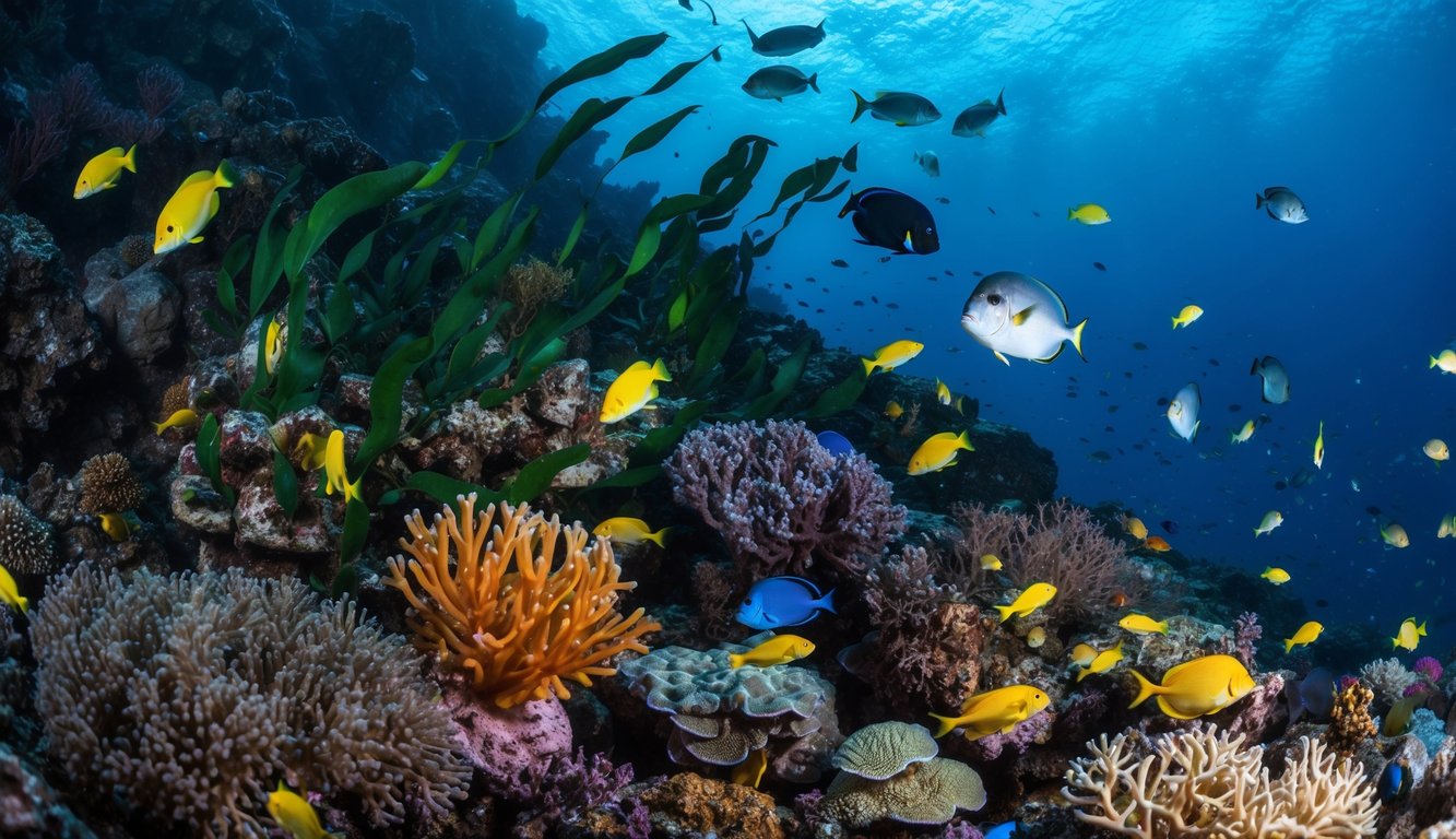 Habitat laut dalam dengan terumbu karang berwarna-warni, rumput laut yang melambai, dan kehidupan laut yang beragam berenang di antara formasi batuan