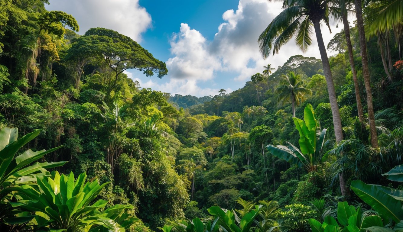 Habitat hutan hujan tropis yang rimbun dengan pohon-pohon tinggi, dedaunan lebat, dan satwa liar yang beragam