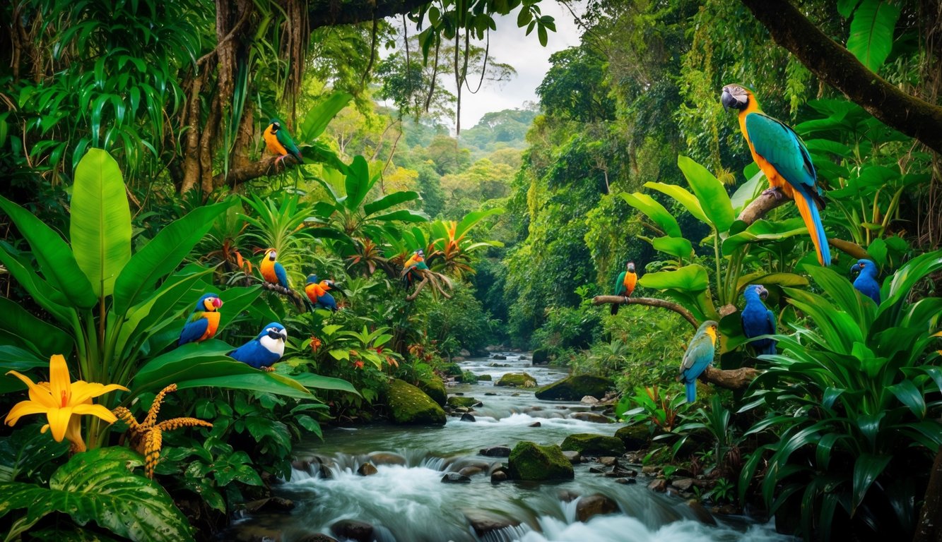 Hutan lebat dengan kehidupan tanaman yang beragam dan burung-burung berwarna-warni, dikelilingi oleh sungai-sungai yang mengalir dan dipenuhi dengan satwa liar