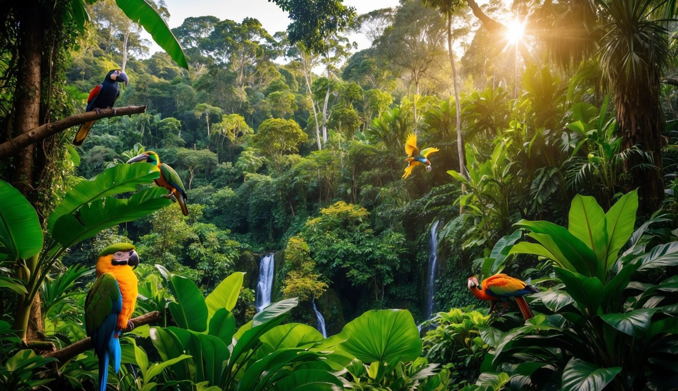 Hutan hujan yang subur dengan flora dan fauna unik, termasuk burung berwarna-warni dan hewan eksotis di habitat alami mereka