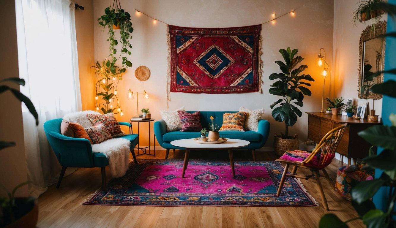 Sebuah interior bohemian chic yang nyaman dengan karpet berwarna-warni, furnitur vintage, dan dekorasi eklektik. Pencahayaan hangat dan tanaman menciptakan suasana yang santai dan mengundang.