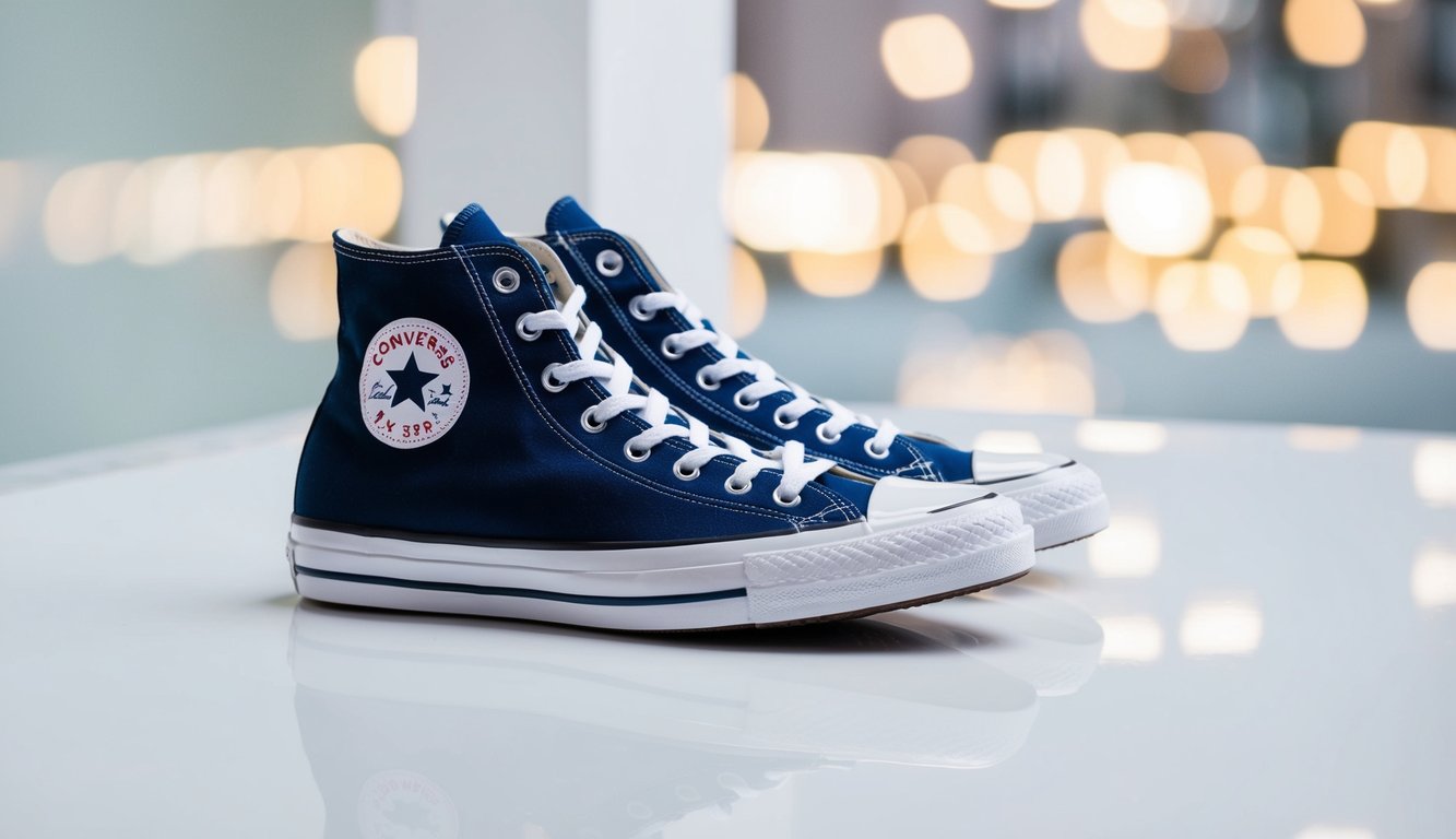 Sekumpulan sepatu Converse high top klasik di latar belakang putih yang bersih