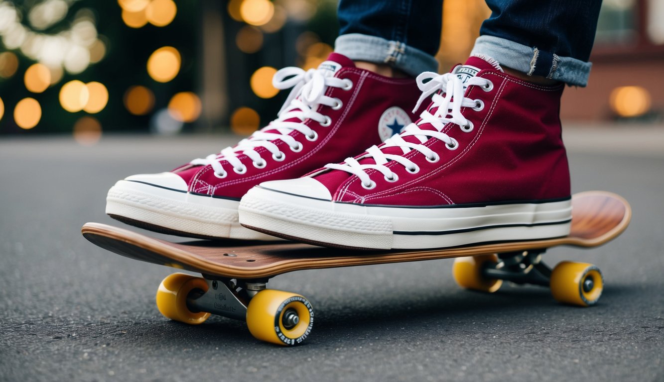 Sepasang sepatu Converse Chuck Taylor All Star di atas papan skateboard kayu bergaya vintage