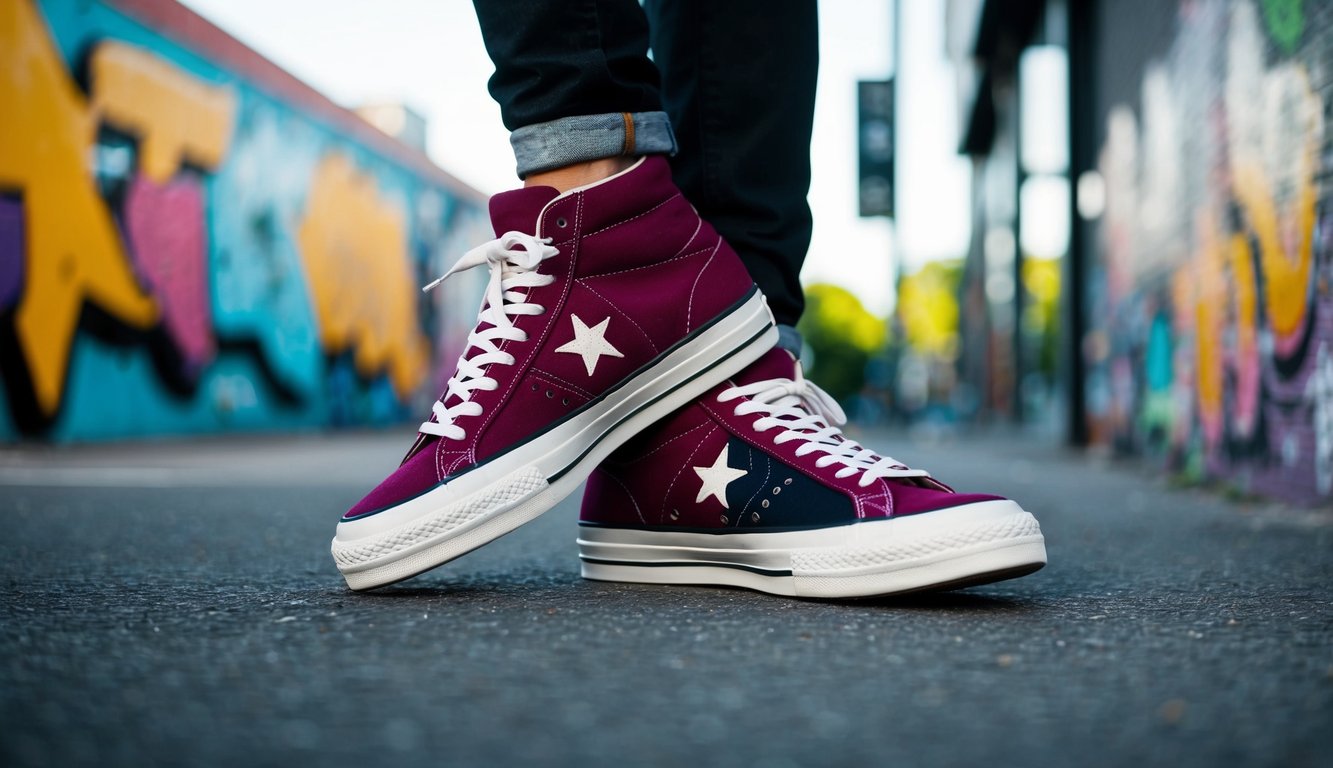 Sekumpulan sepatu Converse One Star di lingkungan urban modern, dikelilingi oleh dinding yang dipenuhi grafiti dan seni jalanan yang berwarna-warni.