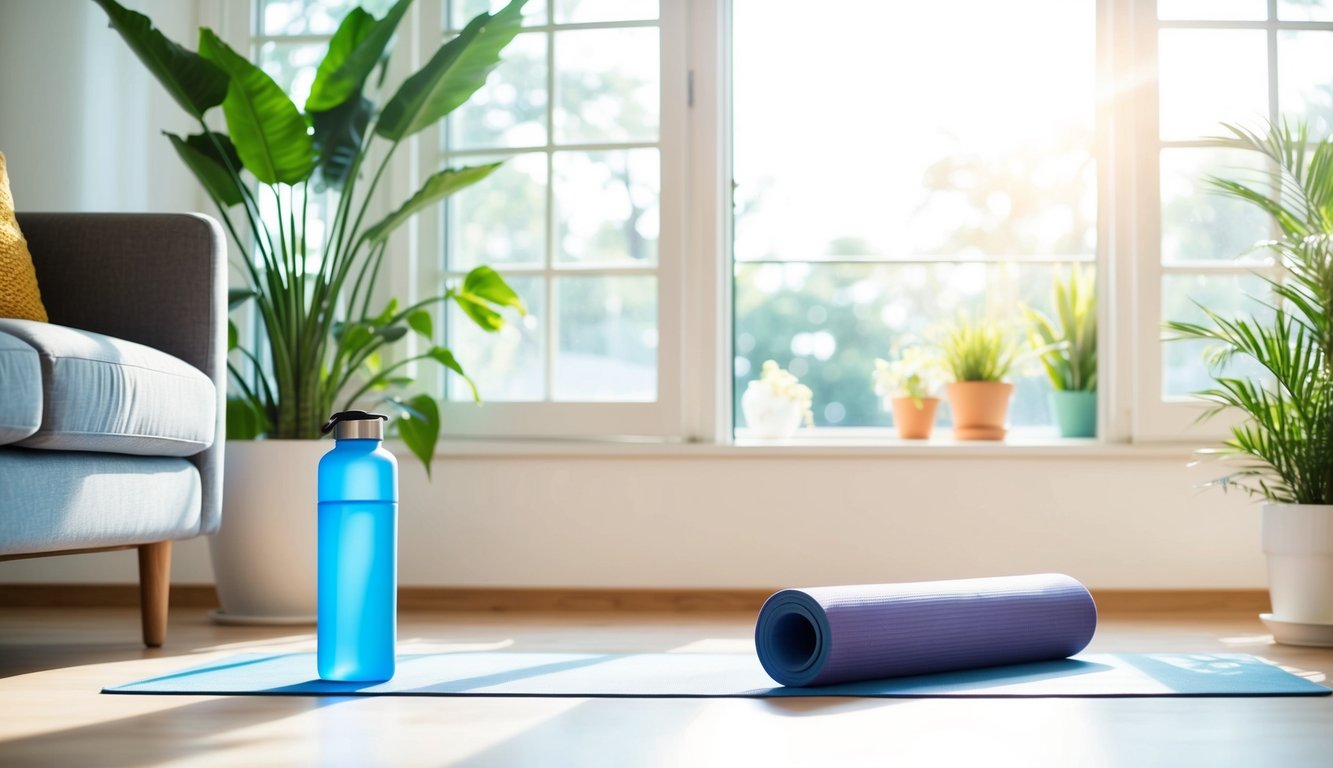 Sebuah ruang tamu yang cerah dan lapang dengan matras yoga, botol air, dan tanaman pot. Sinar matahari masuk melalui jendela yang terbuka, menciptakan suasana damai untuk latihan kesehatan di rumah.