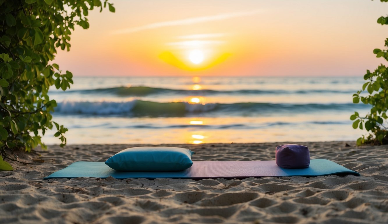 Sebuah pantai yang tenang saat matahari terbenam, dengan matras yoga dan bantal meditasi yang disiapkan di atas pasir, dikelilingi oleh pepohonan hijau yang subur dan ombak yang tenang