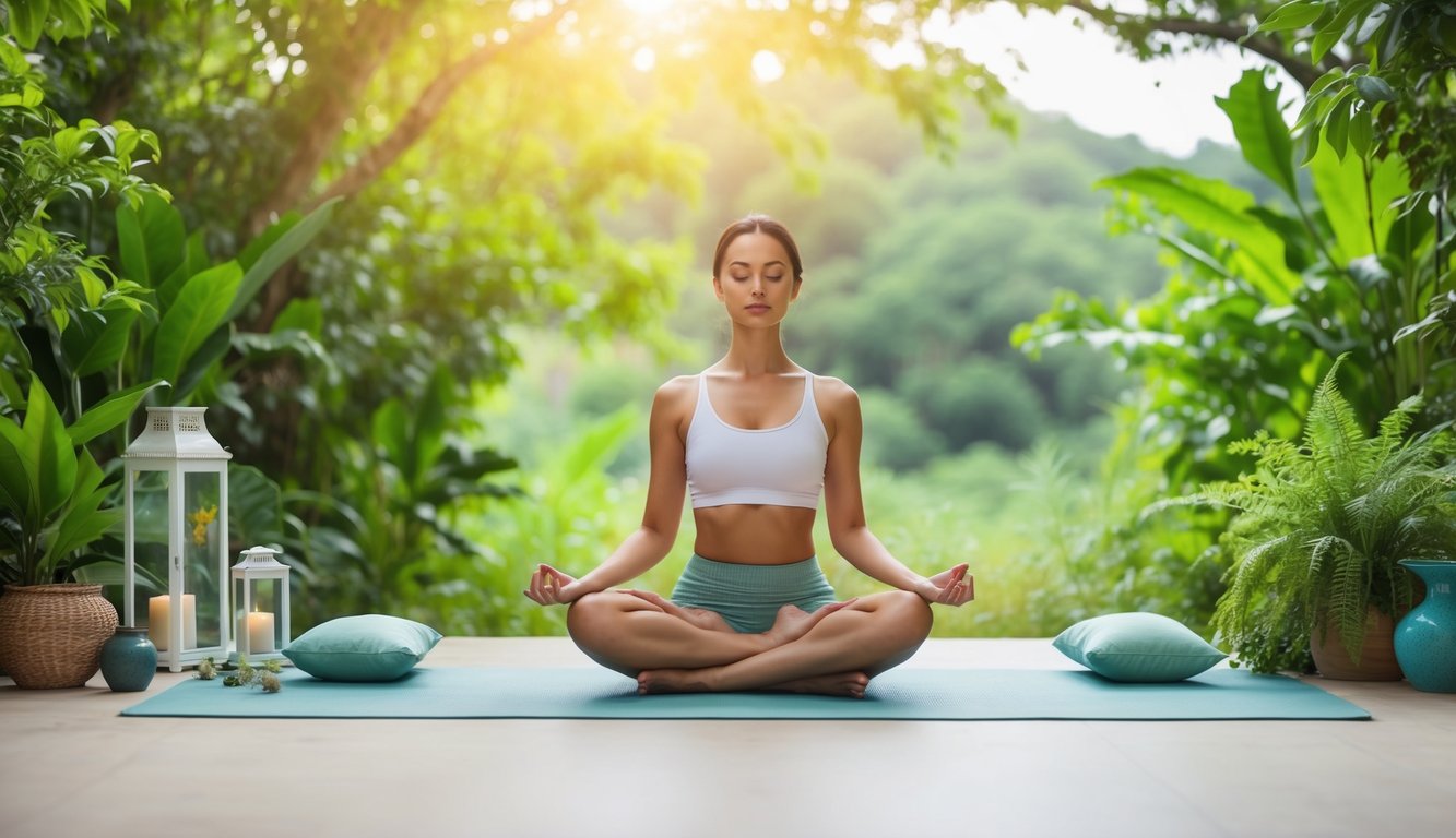 Sebuah pemandangan tenang seseorang yang sedang bermeditasi di lingkungan alam yang damai, dikelilingi oleh pepohonan hijau yang subur dan elemen yang menenangkan.