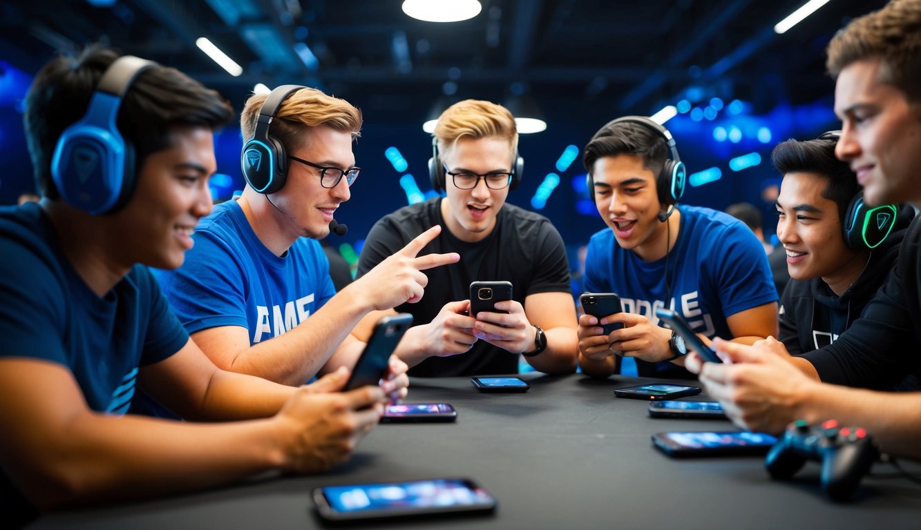 Sekelompok gamer yang merencanakan strategi dan bermain Mobile Legends di smartphone mereka, dengan fokus dan semangat yang tinggi