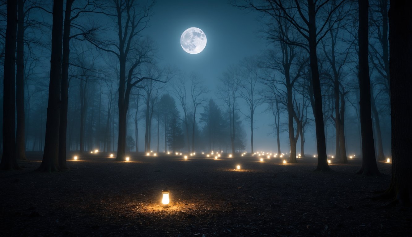 Hutan gelap di malam hari, dengan suasana berkabut, sebuah padang yang diterangi bulan, dan cahaya-cahaya aneh yang berkedip-kedip tersebar di sekitarnya