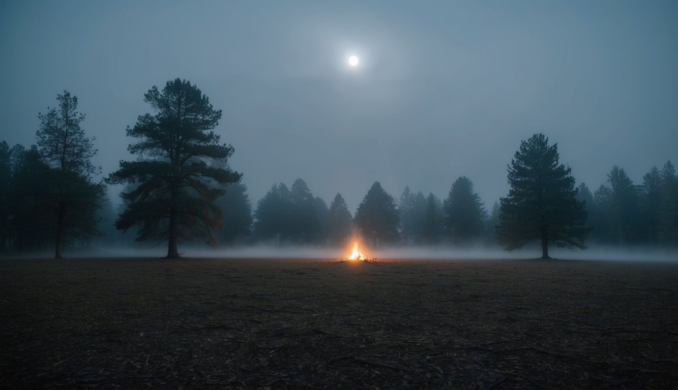 Sebuah padang hutan yang diterangi sinar bulan dengan kabut yang menyeramkan, pohon-pohon yang mengancam, dan cahaya samar dari api unggun yang jauh.