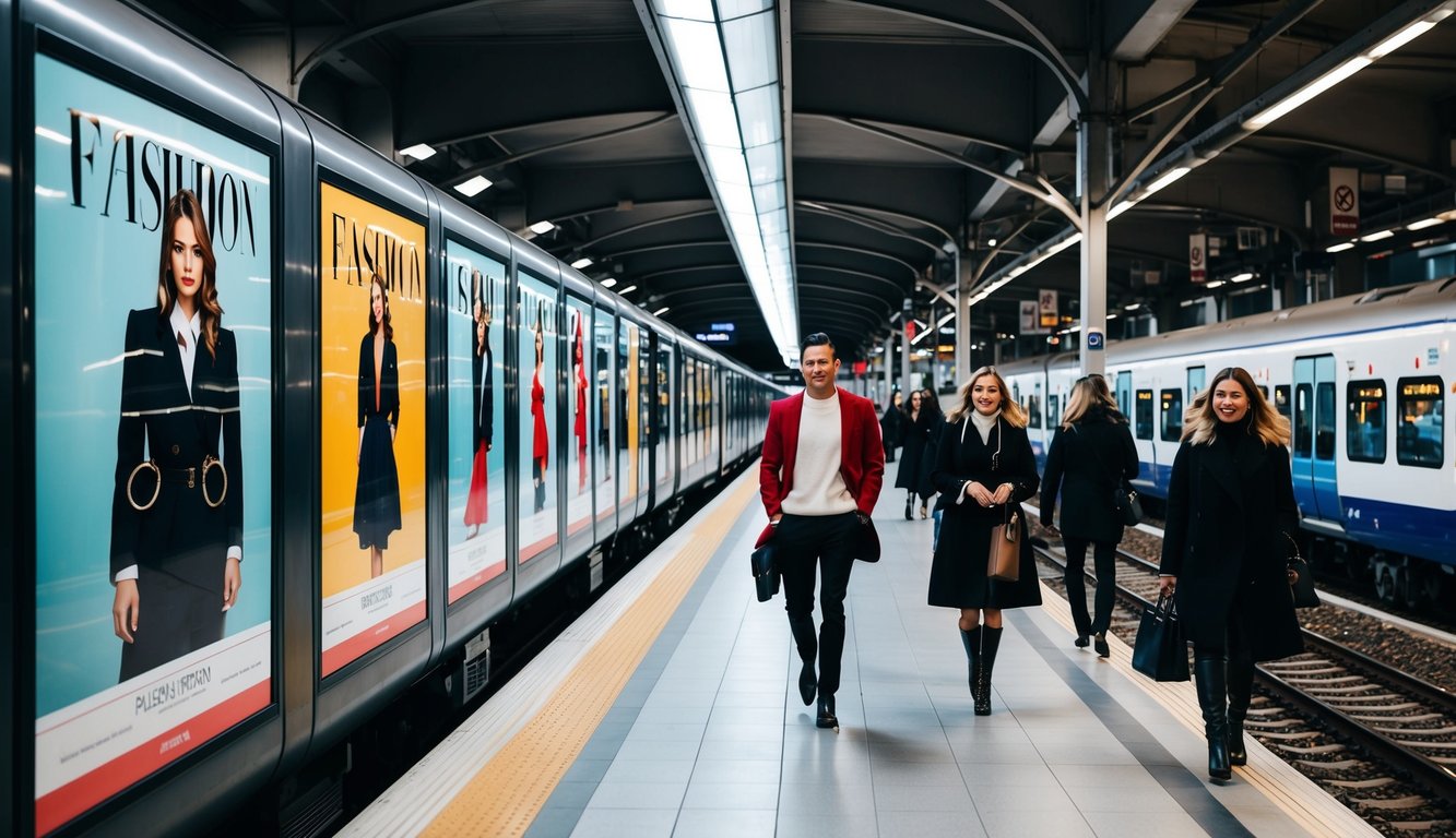 Sebuah platform kereta yang trendi dengan poster mode modern dan penumpang yang bergaya