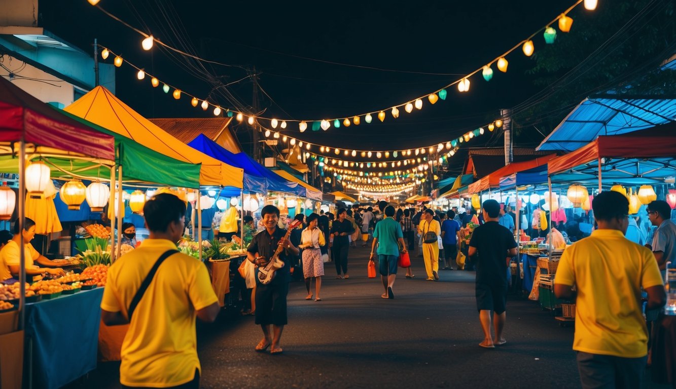 Pasar malam yang meriah di Indonesia, dengan tenda berwarna-warni, lentera yang bersinar, dan musik yang meriah