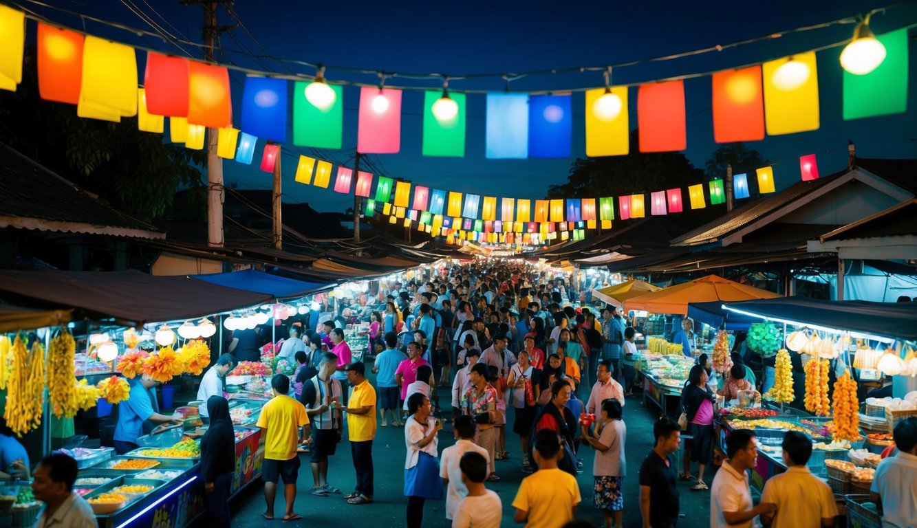 Pasar malam yang meriah di Indonesia dengan stan berwarna-warni dan kerumunan yang ramai