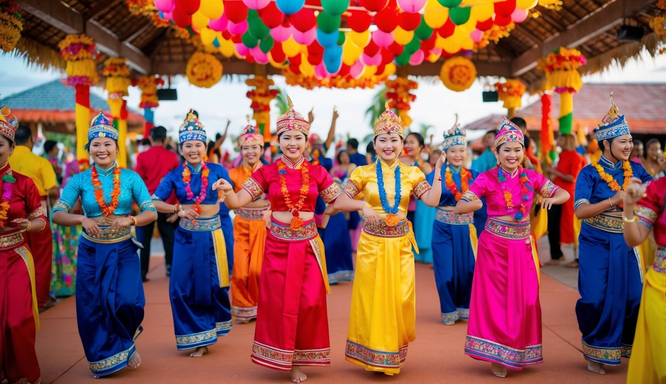 Sebuah pesta Indonesia yang berwarna-warni dan meriah dengan dekorasi tradisional, musik, dan tarian