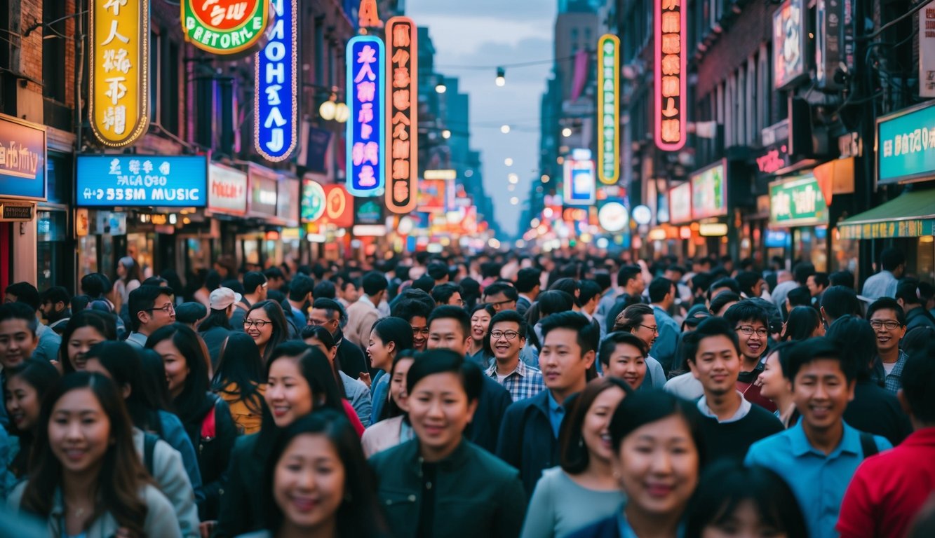 Sebuah jalan yang ramai dipenuhi dengan tanda neon berwarna-warni, dipenuhi dengan orang-orang dan dipenuhi dengan suara musik dan tawa