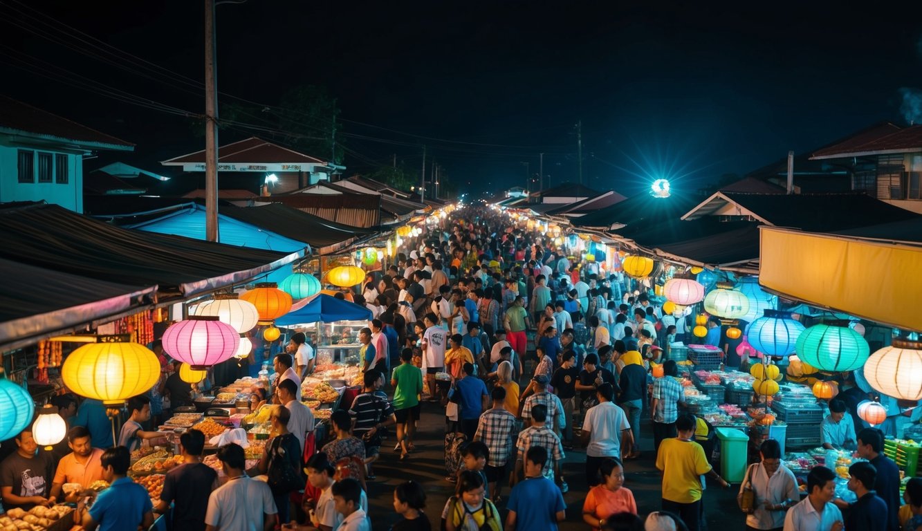 Pasar malam yang semarak di Indonesia, dengan stan berwarna-warni, lentera yang bersinar, dan kerumunan yang ramai