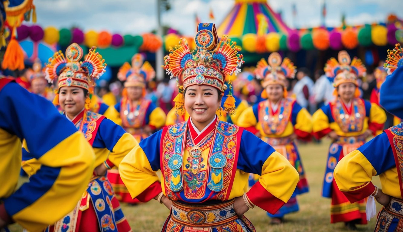 Sebuah festival yang meriah dengan kostum tradisional berwarna-warni dan dekorasi yang rumit, menampilkan ritual dan pertunjukan budaya yang unik.