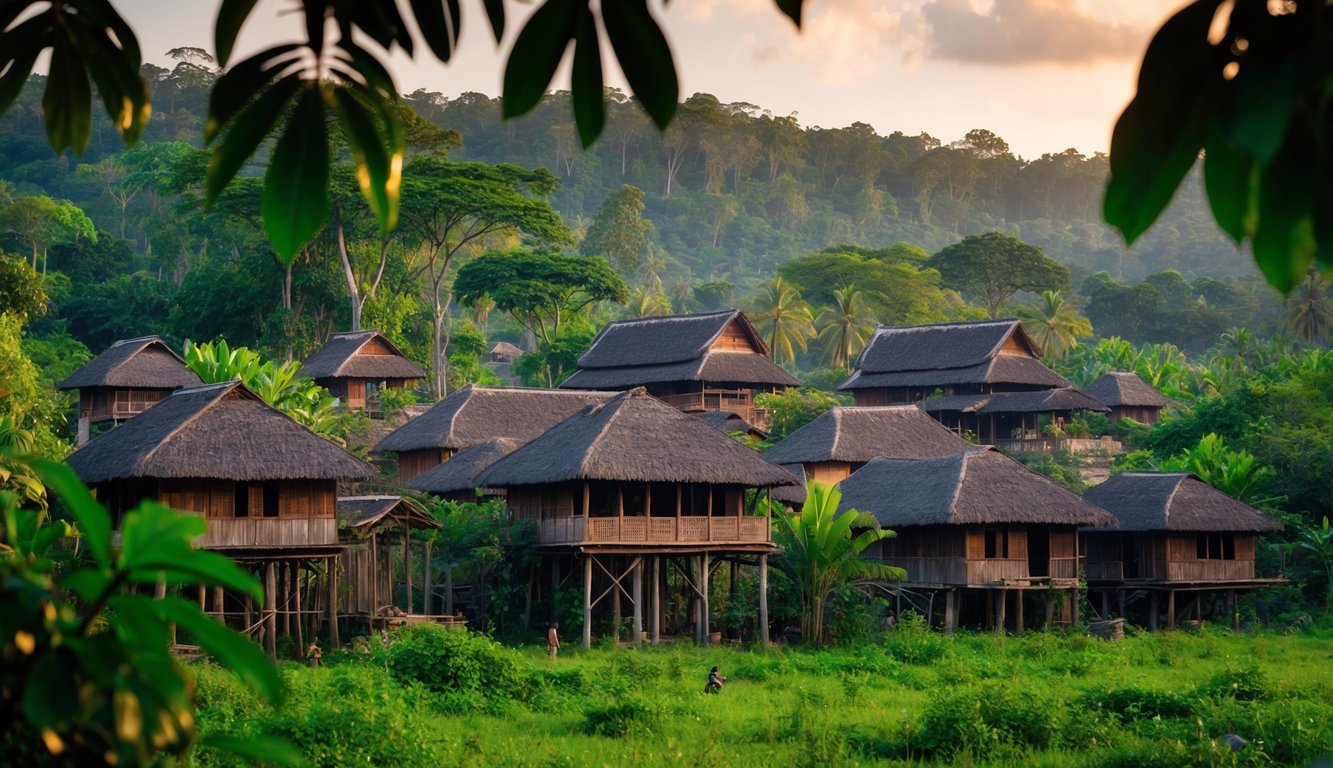 Desa kuno yang terletak di hutan lebat, dengan rumah tradisional di atas tiang dan penduduk desa yang menjalani kehidupan sehari-hari