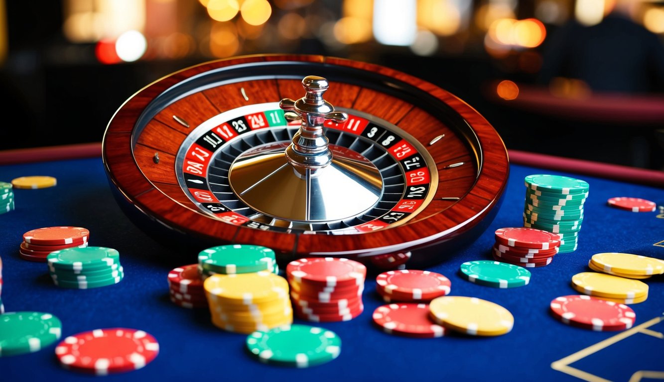 Sebuah roda roulette berputar dengan chip berwarna-warni tersebar di sekitar meja