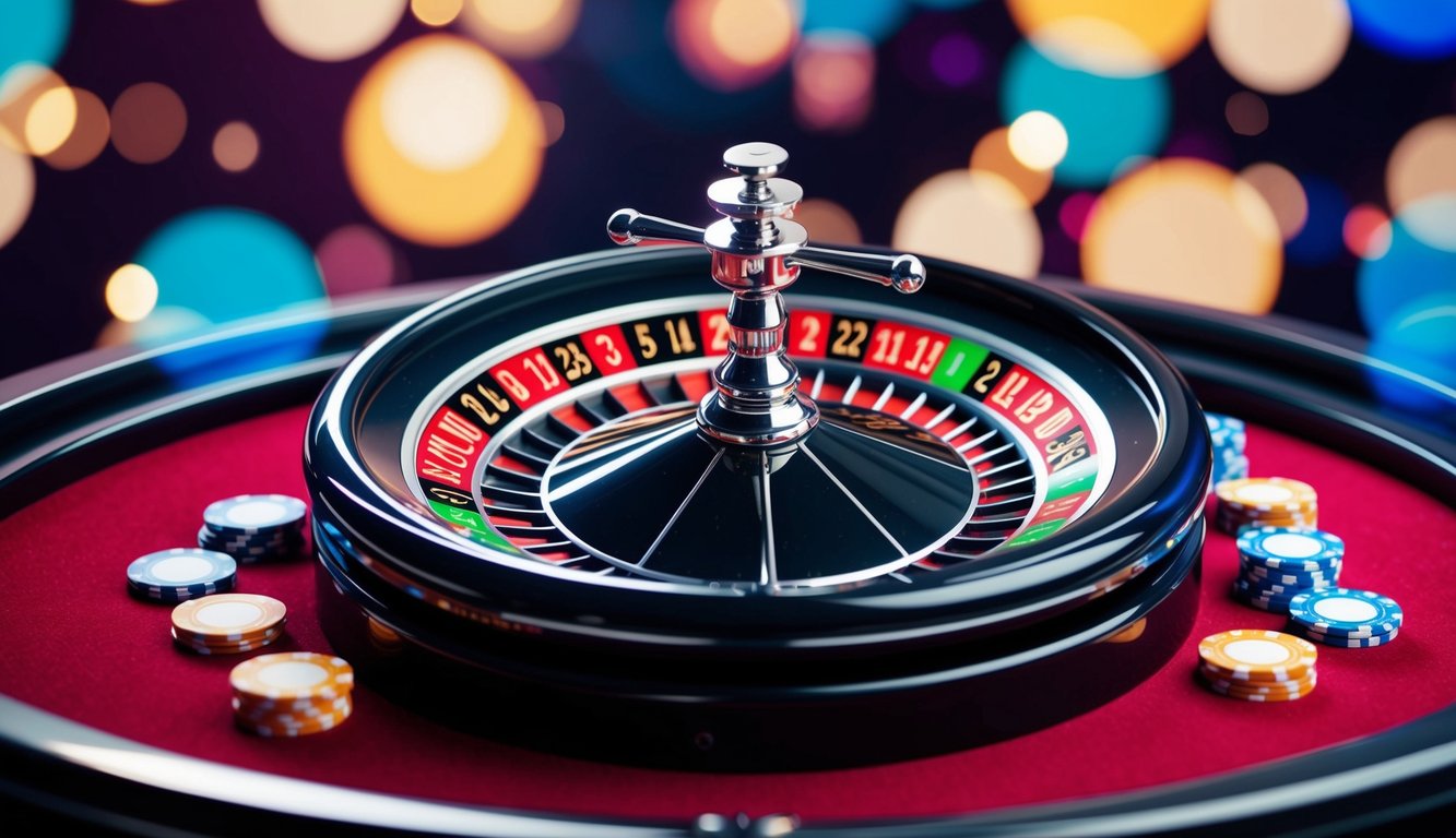 Situs roulette online yang mewah dengan antarmuka yang ramping, warna-warna cerah, dan roda berputar yang dikelilingi oleh chip dan kartu virtual