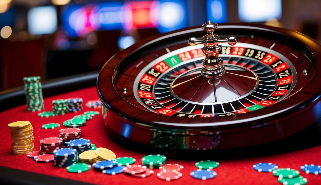 Roda roulette berputar dengan chip berwarna-warni yang tersebar di meja