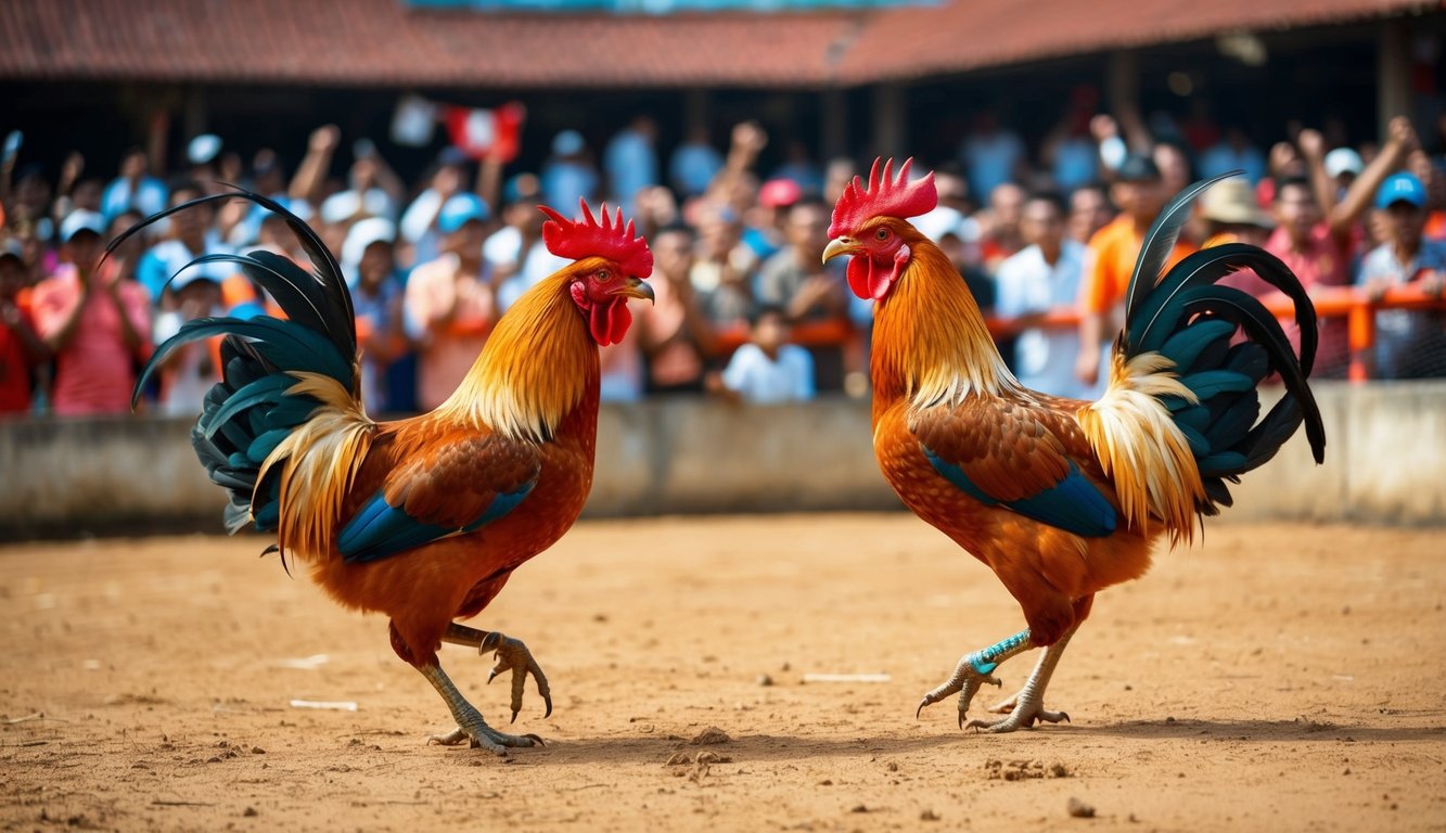 Dua ayam jantan berhadapan di arena sabung ayam tradisional Indonesia, dikelilingi oleh kerumunan penonton yang bersorak-sorai