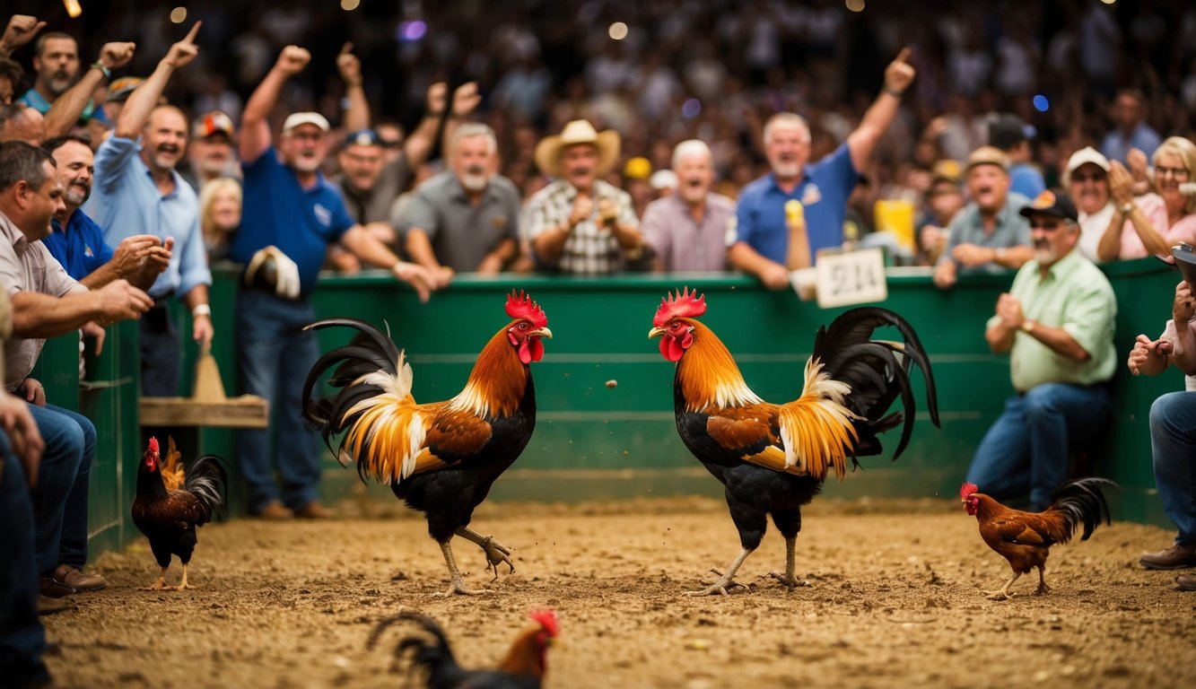 Sebuah arena yang ramai dengan ayam jantan bertarung, dikelilingi oleh penonton antusias yang bersorak dan memasang taruhan