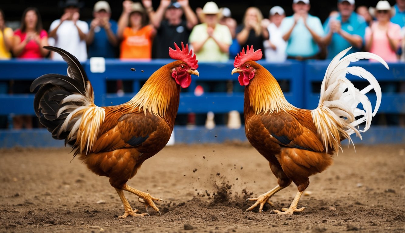 Dua ayam jantan saling berhadapan di sebuah lubang tanah yang dikelilingi oleh penonton yang bersorak. Bulu beterbangan saat mereka terlibat dalam pertempuran sengit.