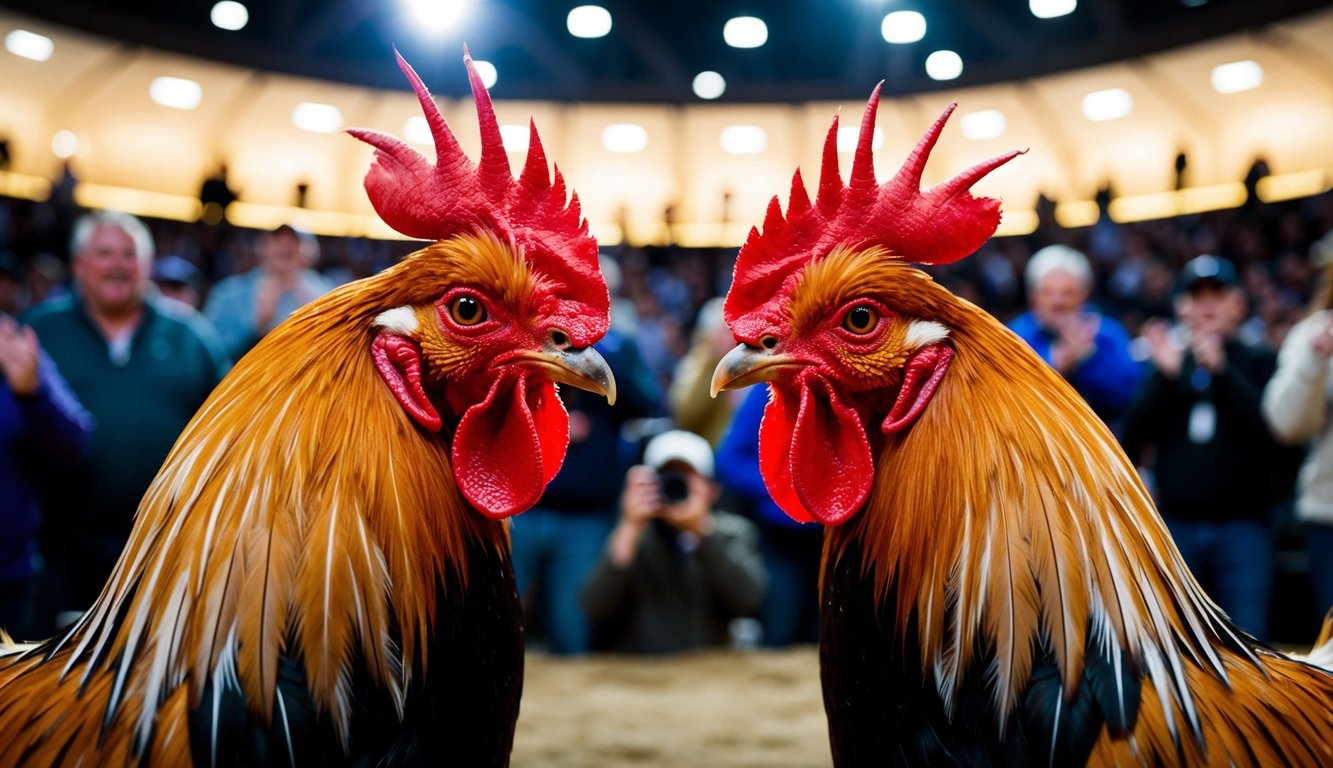 Dua ayam jantan berhadapan di arena yang ramai, dikelilingi oleh penonton yang bersorak dan lampu-lampu yang terang