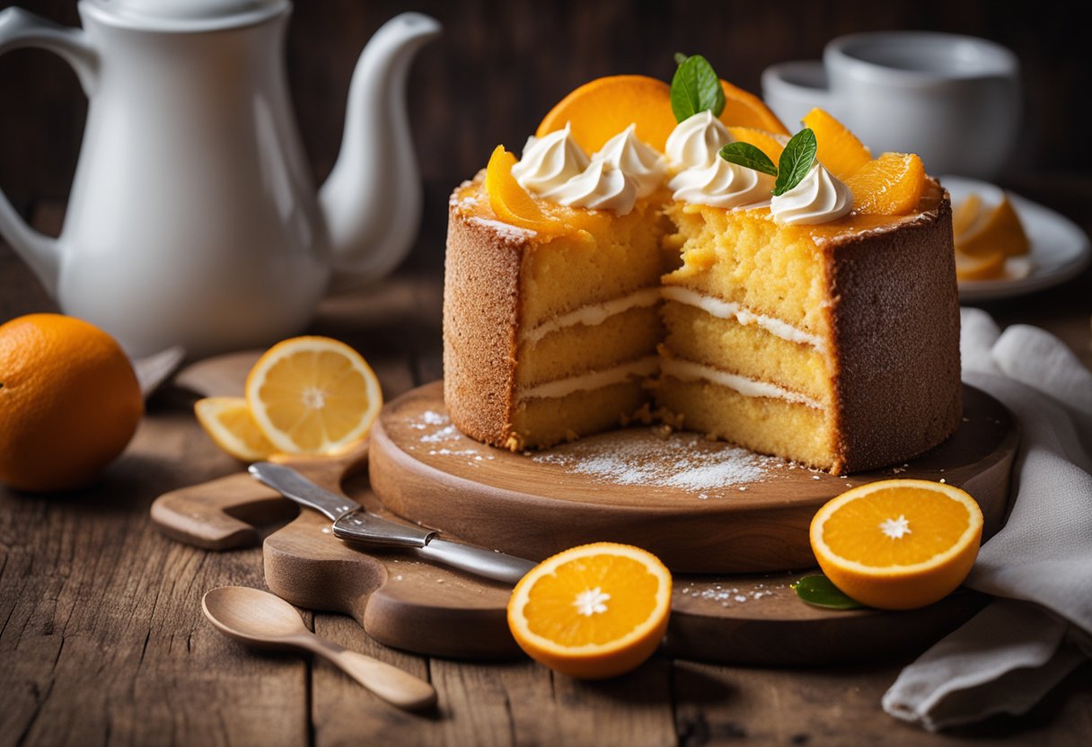 Um bolo laranja fofinho com gengibre, coberto com fatias de laranja e raízes de gengibre em uma mesa de madeira rústica