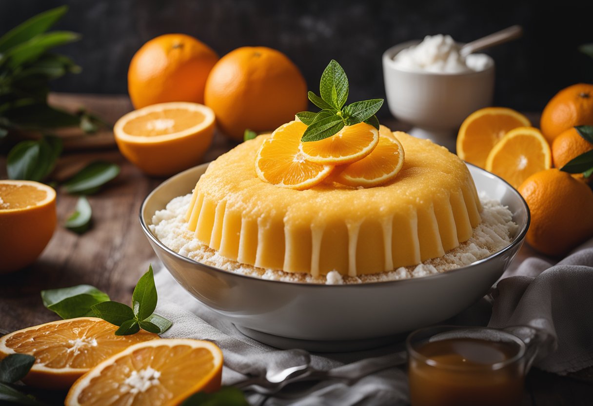 Um bolo laranja fofinho sendo misturado em uma tigela, com laranjas frescas e gengibre ao lado.