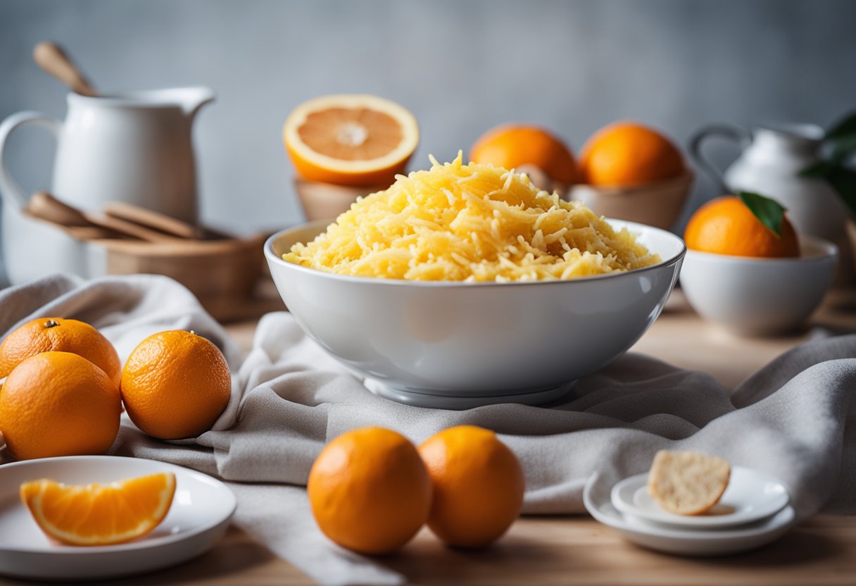 Uma cozinha iluminada com uma tigela de mistura cheia de massa de bolo laranja fofa, cercada por laranjas frescas e gengibre ralado.