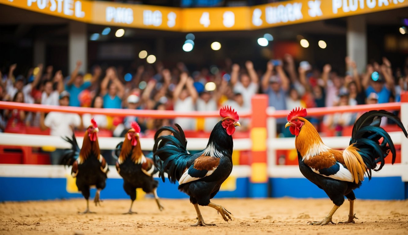 Sebuah arena sabung ayam yang ramai dengan penonton yang bersorak dan ayam jantan berwarna-warni di tengah ring