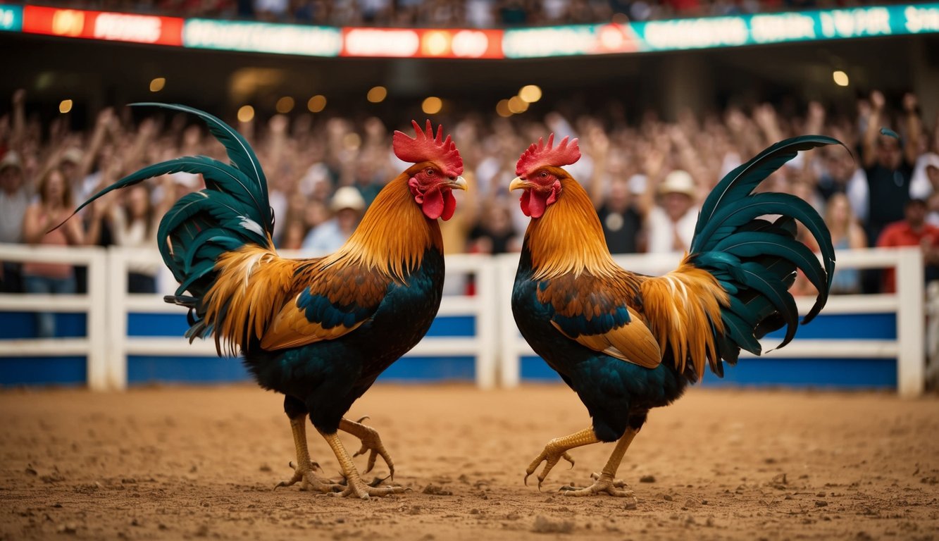 Dua ayam jantan berhadapan di arena sabung ayam, dikelilingi oleh kerumunan penonton yang bersorak-sorai