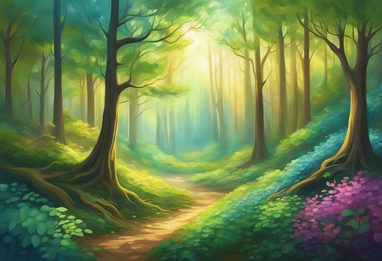 A serene forest with vibrant, swirling energy emanating from the earth, enveloping the trees in a harmonious dance of light and color