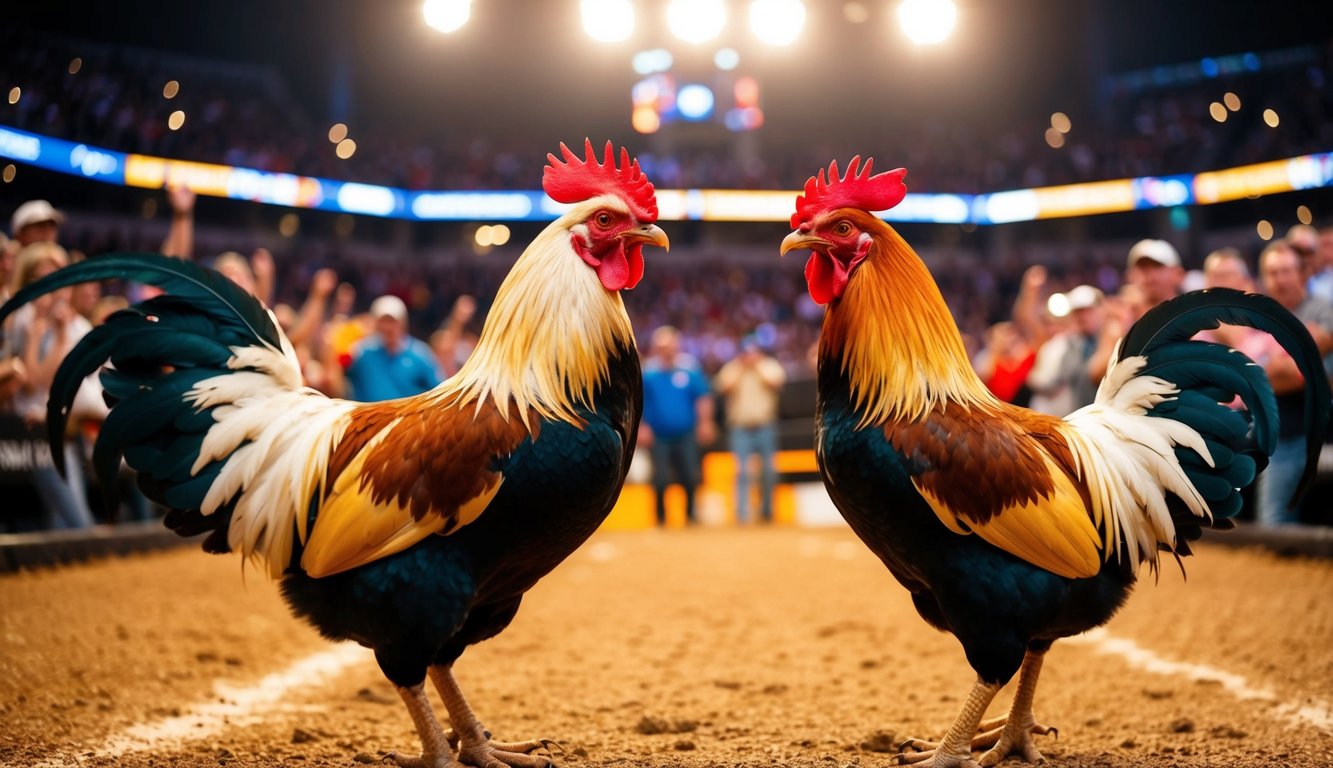 Dua ayam jantan berhadapan di arena yang ramai, dikelilingi oleh penonton yang bersorak dan lampu yang terang