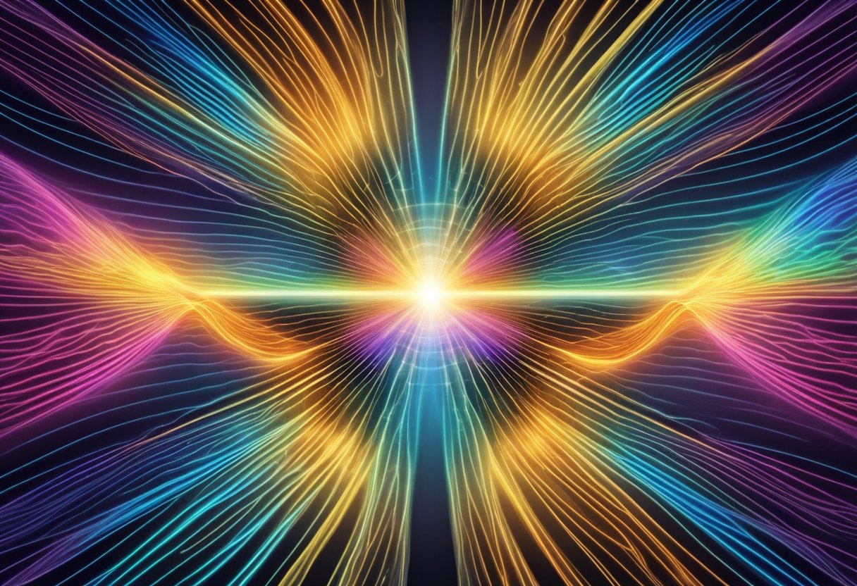 A vibrant spectrum of energy waves radiates from a central point, symbolizing alignment and frequency for empowered manifestation