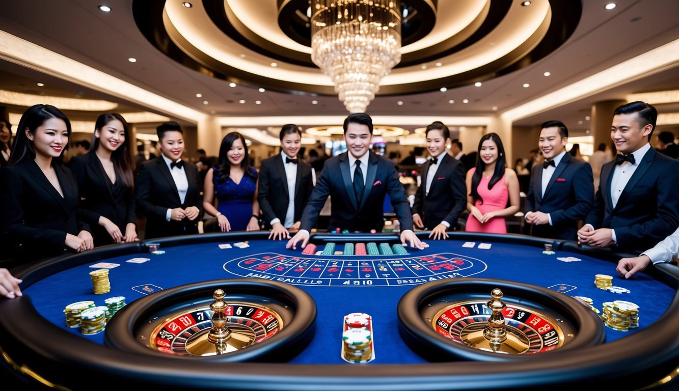 Sebuah setting kasino yang ramping dan modern dengan meja Baccarat yang cerah dikelilingi oleh pemain yang antusias dan seorang dealer profesional. Ruangan tersebut dipenuhi dengan kegembiraan dan antisipasi.