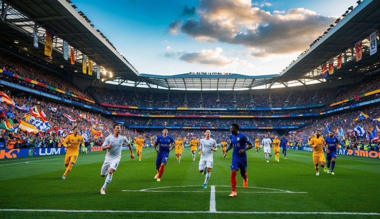 Sebuah stadion sepak bola yang ramai dipenuhi dengan penggemar yang bersorak dan spanduk berwarna-warni, dengan pemain di lapangan yang terlibat dalam pertandingan yang intens