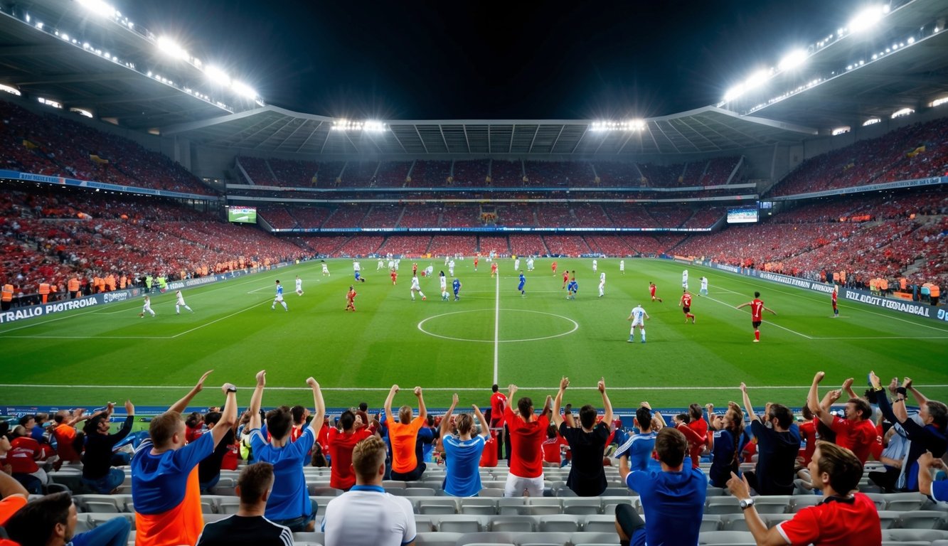 Sebuah stadion sepak bola yang dipenuhi oleh penggemar yang bersorak dan pemain di lapangan yang sedang beraksi