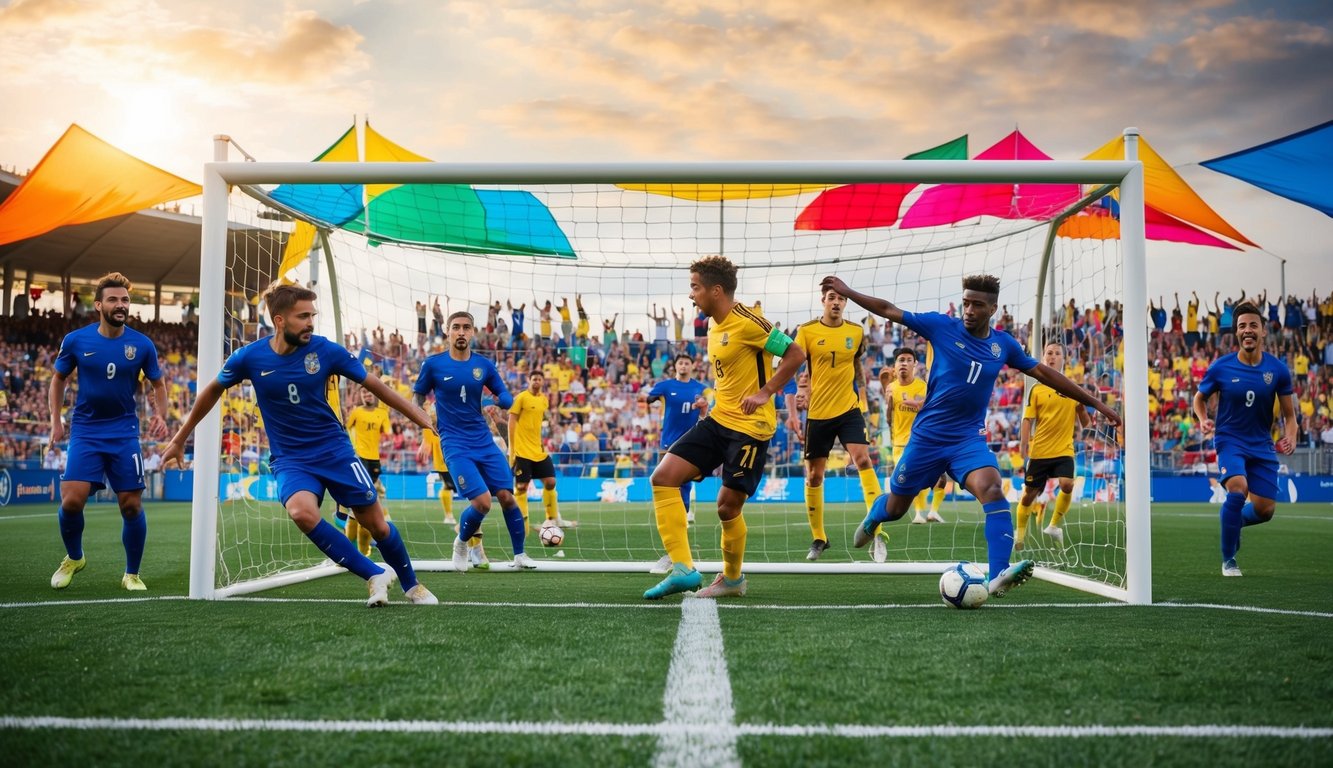 Lapangan sepak bola yang cerah dengan tiang gawang dan pemain yang sedang beraksi, dikelilingi oleh penggemar yang bersorak dan spanduk berwarna-warni